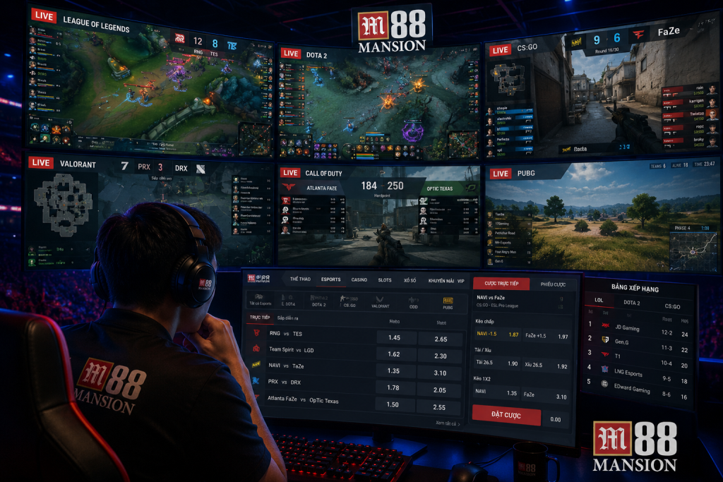 Người chơi Esports đang theo dõi nhiều trận đấu trên màn hình lớn