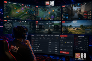 Người chơi Esports đang theo dõi nhiều trận đấu trên màn hình lớn